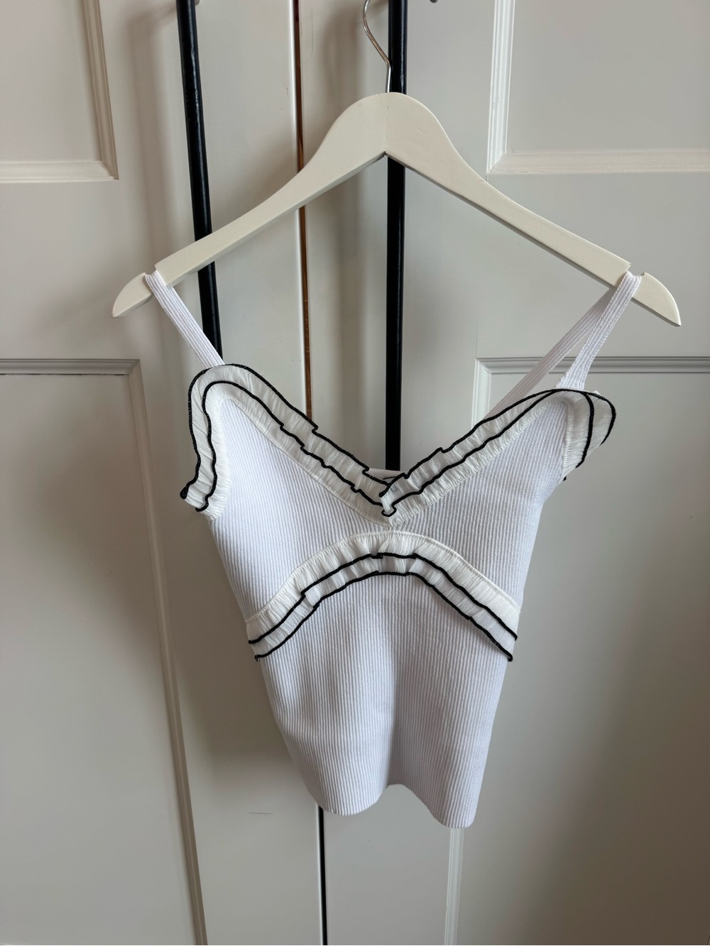easel White Ribbed Camisole with Black Trim Ruffles